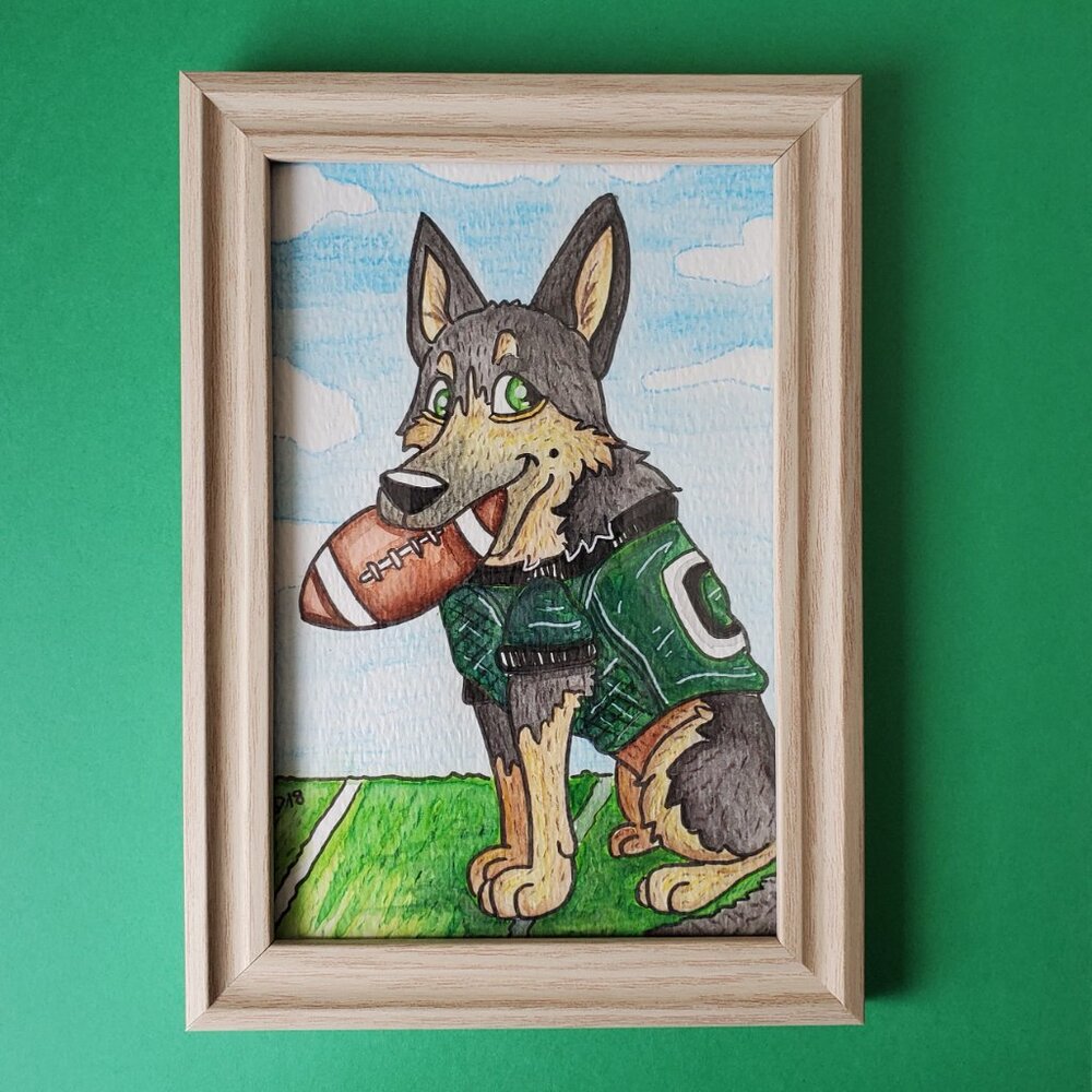 Original Philly Football German Shepherd Underdog Framed 4×6 Watercolor Painting